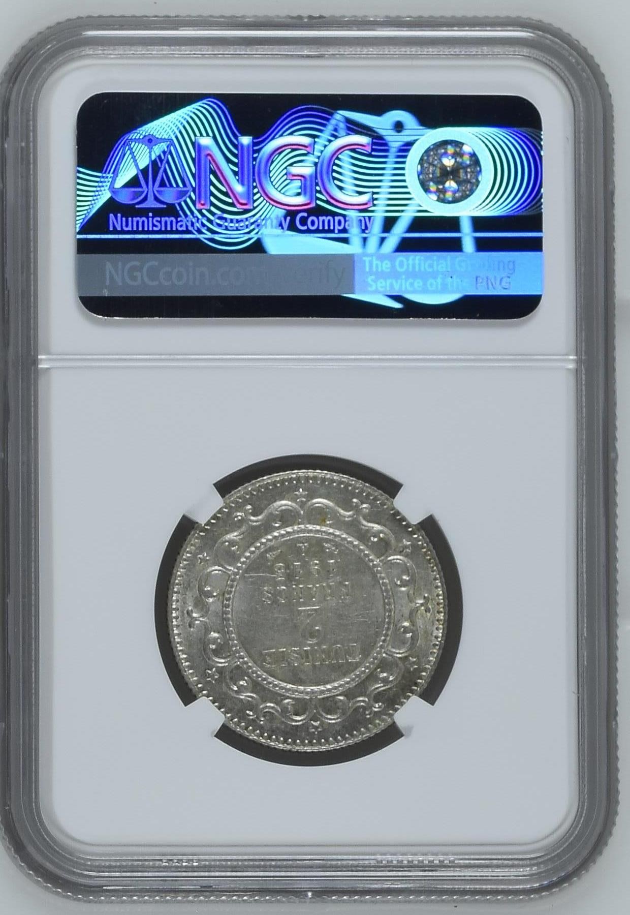 长老汇龙年精选第三场 AH1334/1915A 突尼斯2法郎银币，NGC MS62分，第四名，更高分仅有6枚