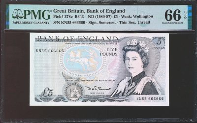 世界靓号纸钞第四十二期-群英荟萃（有更新） - 1980-87年英国英格兰银行5镑 老版英镑D序列 超级靓号 全同号666666 PMG66 超稀少品种