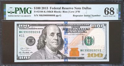 世界靓号纸钞第四十二期-群英荟萃（有更新） - 2013年美国100美元 超级靓号 数二 圆圆号 09组合 重复号 PMG68 超级高分 冠军分