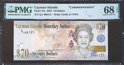世界靓号纸钞第四十二期-群英荟萃（有更新） - 2022年开曼群岛70元纪念钞 女王登基70周年 全世界最后一张女王钞 具有非常深刻的历史意义 靓号无3457 PMG68 亚军分 发行量仅1万张 发行量在纪念钞中非常少了 未来的升值空间非常巨大 