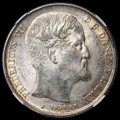 修遠堂世界钱币第二十一期 倒数30秒自动截拍 全场包邮 - NGC AU58 1854年丹麦 2 RIGSDALER大银币 黄油光