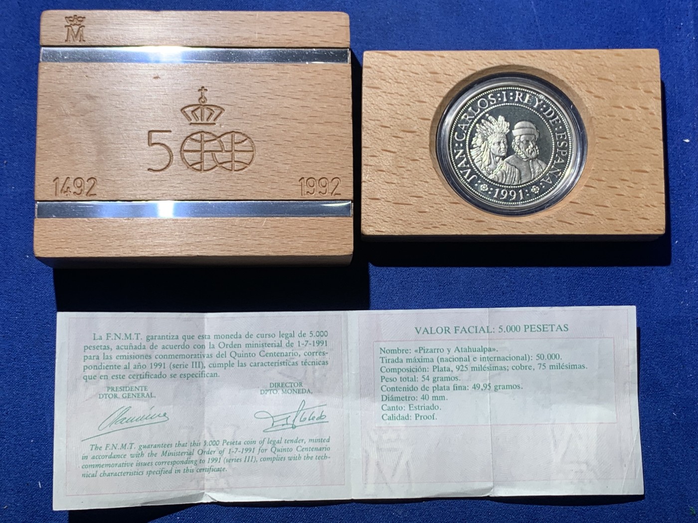 《竞宝斋》第247场-周日，周一 ，周二3场连拍 (全场包邮) 西班牙1991年 五百周年系列 5000比塞塔精制大银币 54克 925银