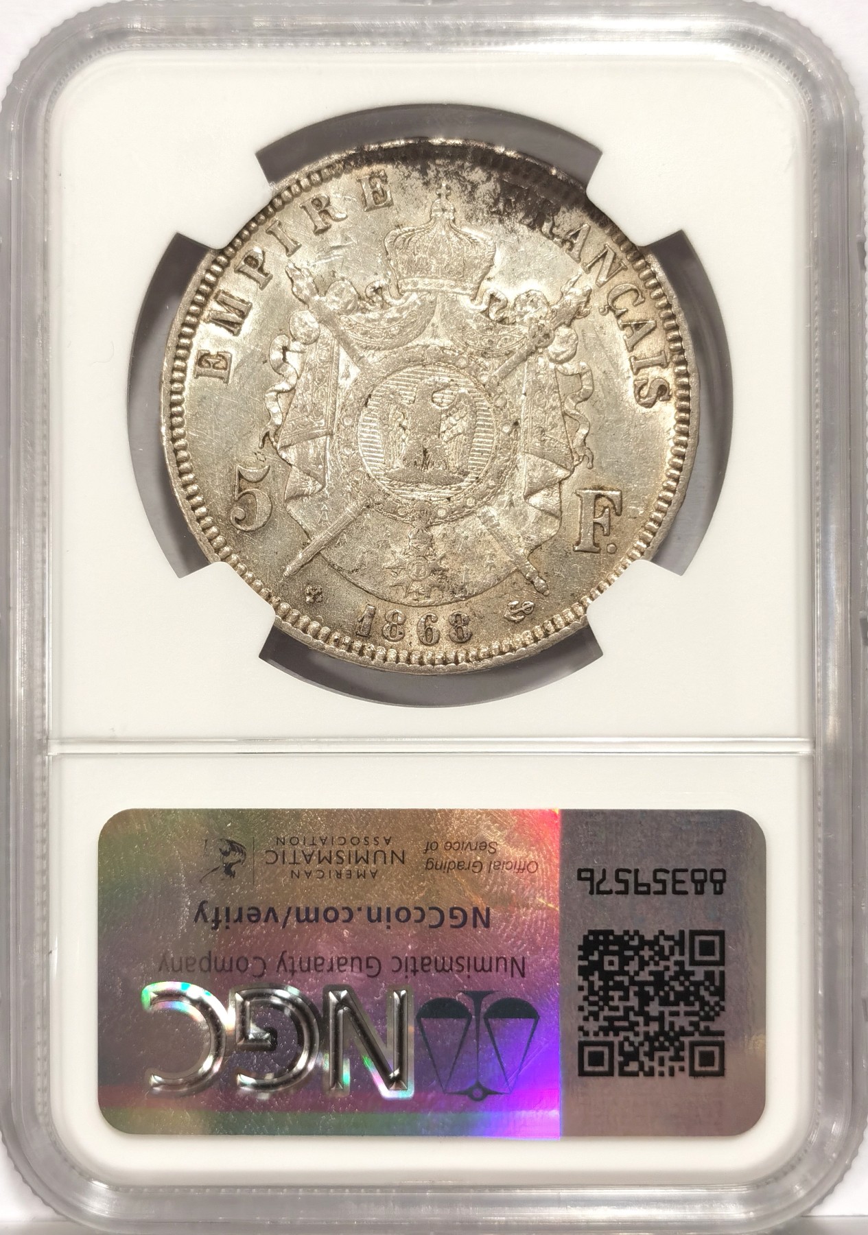 博洋堂世界钱币拍卖第068期（全场包邮） NGC AUD 法国1866 BB厂拿三5法郎银币 底板干净 银光满溢