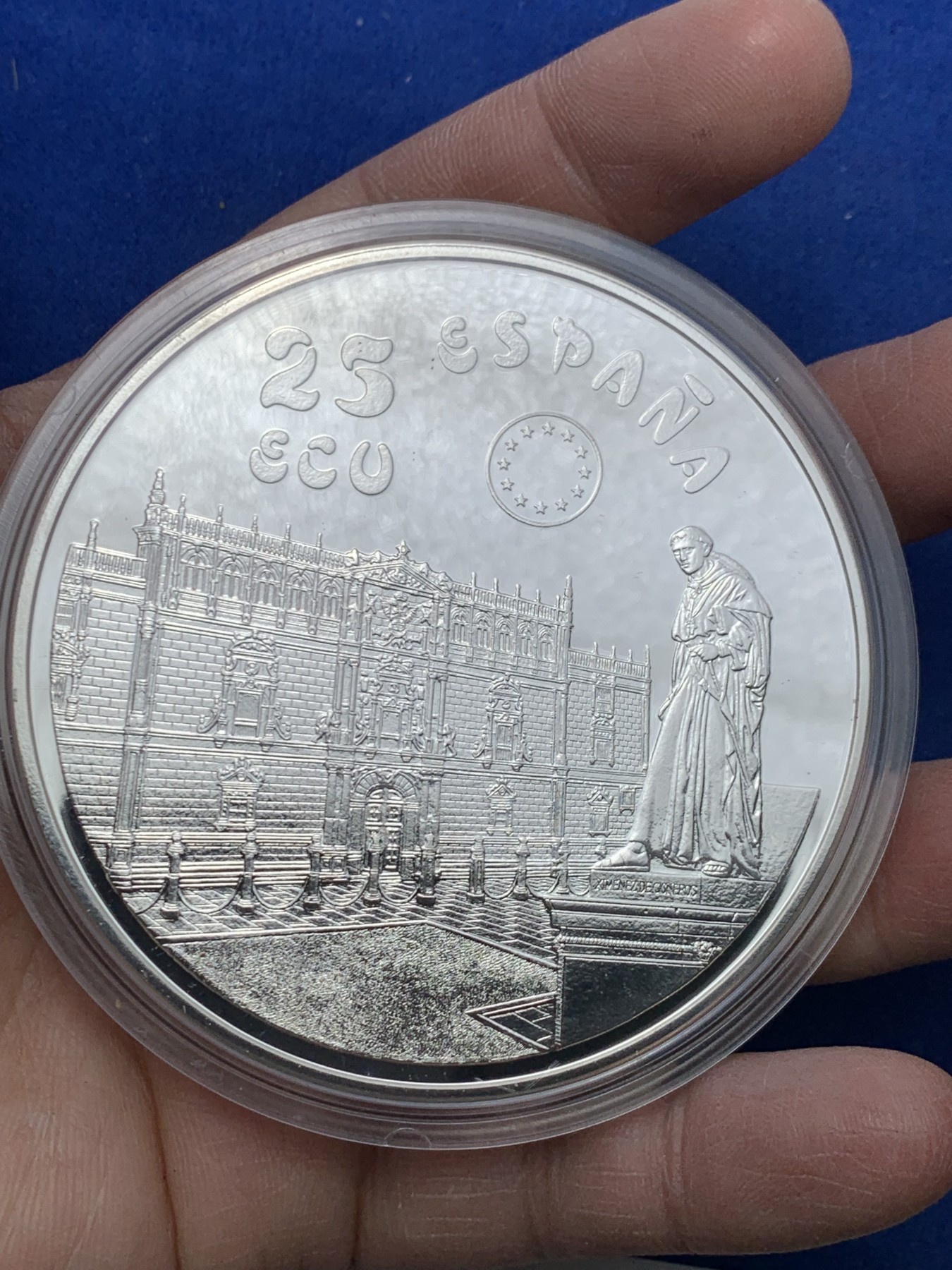 《竞宝斋》第247场-周日，周一 ，周二3场连拍 (全场包邮) 西班牙1994年25ECU精制大银币 原盒证书 少见 168.75克 925银 比5盎司还大