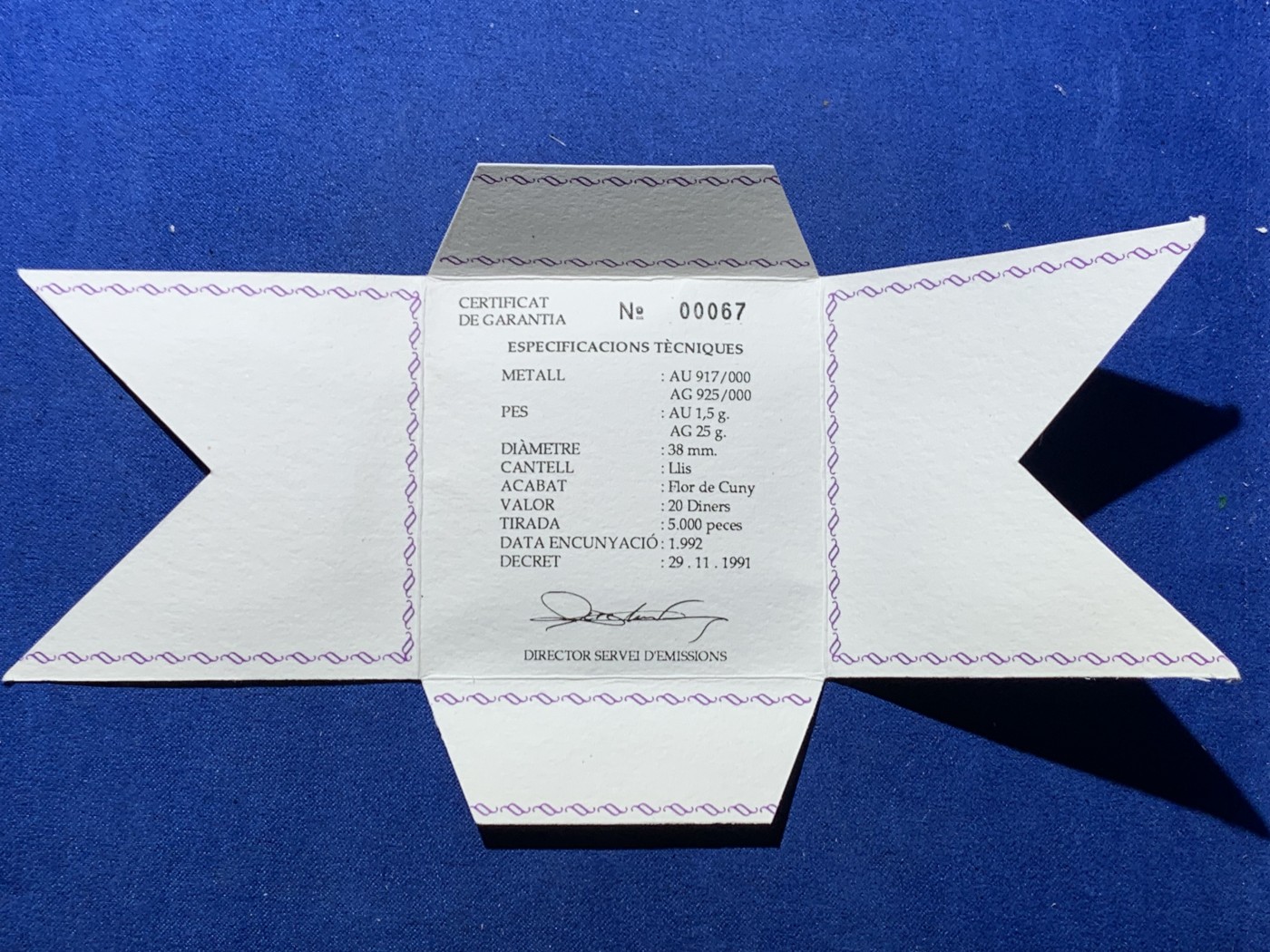 《竞宝斋》第247场-周日，周一 ，周二3场连拍 (全场包邮) 安道尔 1991年 胡安.马丁大公 20第纳尔大银币 含金1.6克917金，25克925银