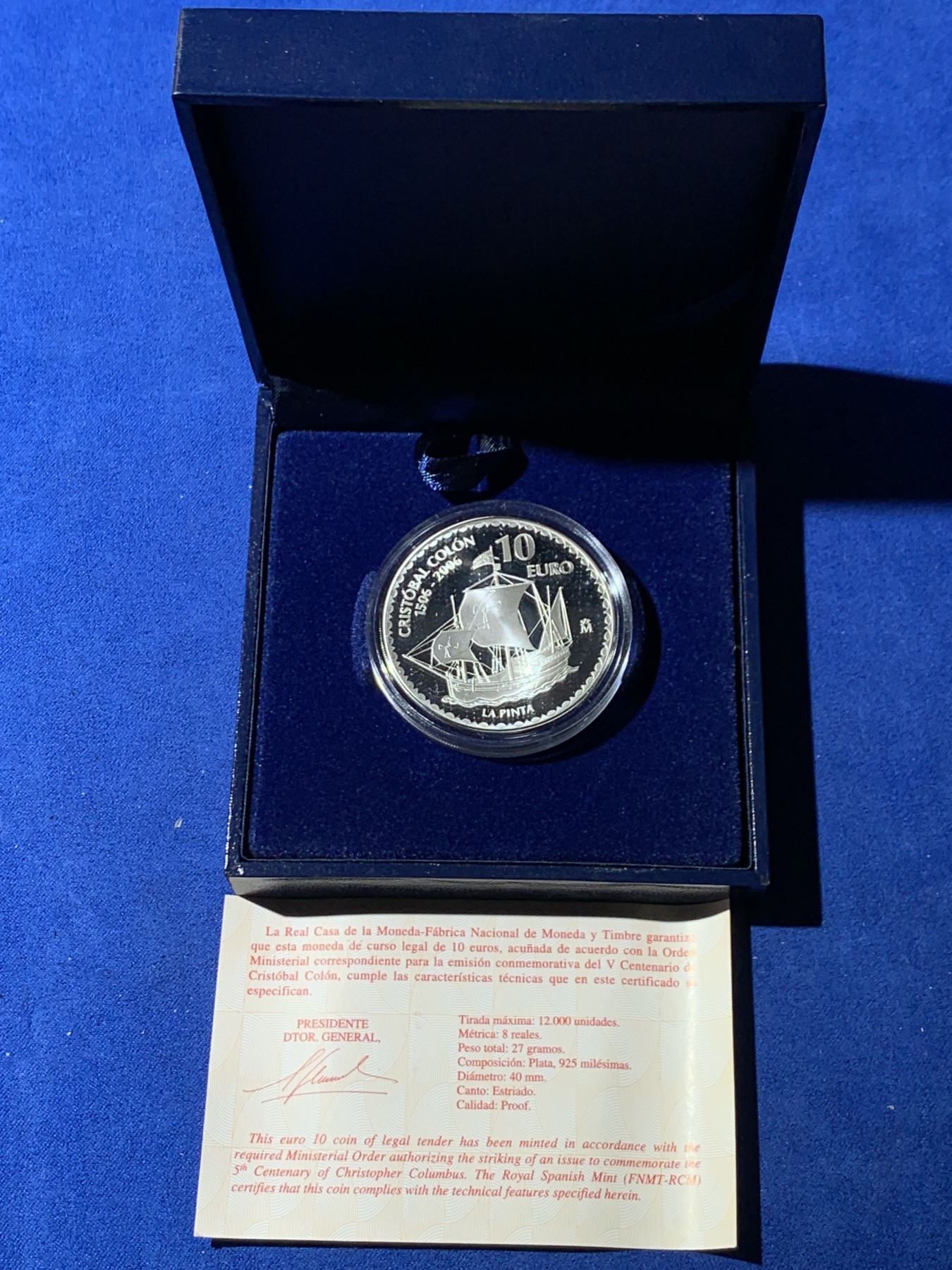 《竞宝斋》第247场-周日，周一 ，周二3场连拍 (全场包邮) 西班牙2006年哥伦布远航船队圣塔马利亚号10欧元纪念银币，27克，925银