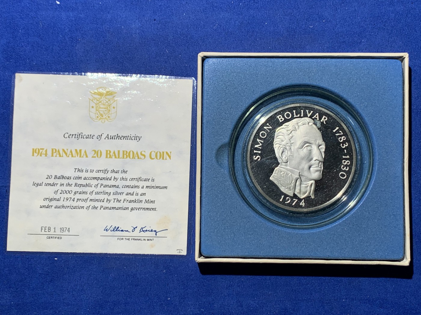 《竞宝斋》第247场-周日，周一 ，周二3场连拍 (全场包邮)  原盒 巴拿马1974年 20元 精制大银币 129.59克 925银