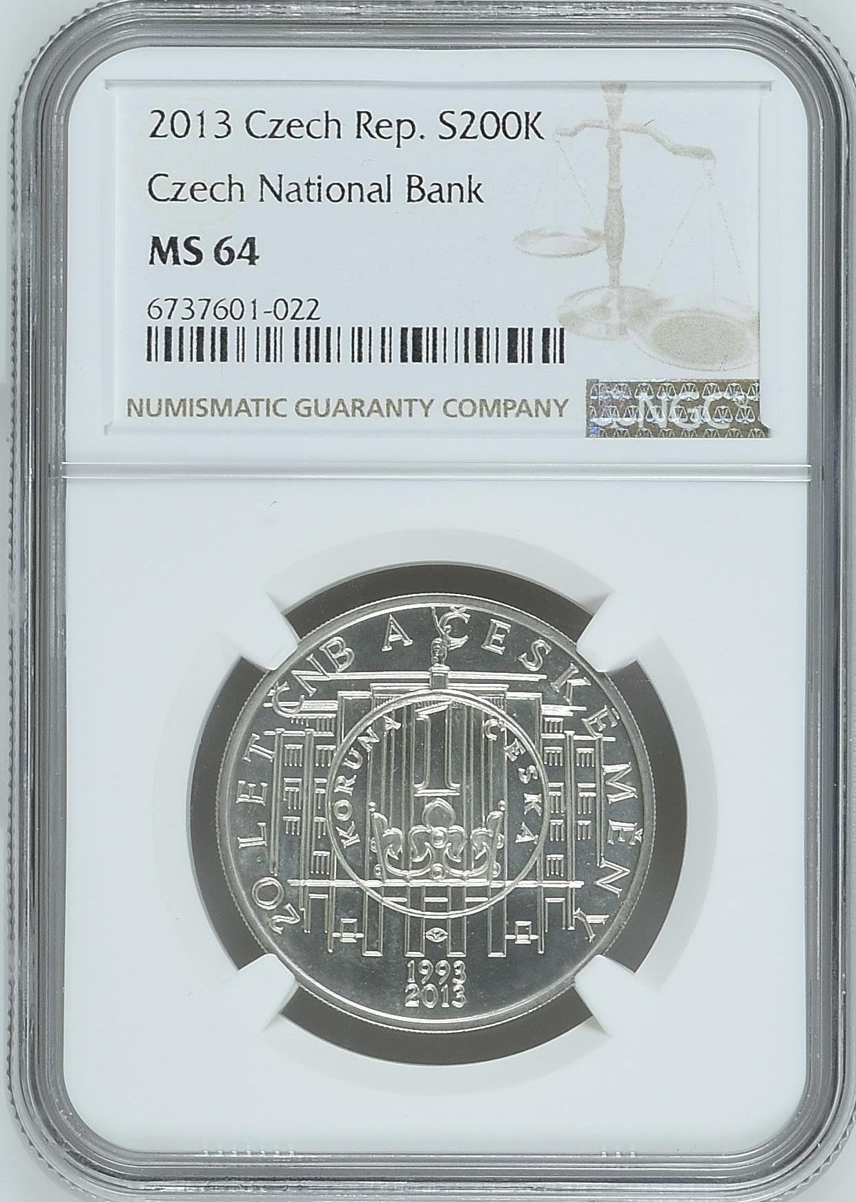 长老汇龙年精选第三场 2013 捷克国家银行200克朗银币，NGC MS64分，唯一冠军分