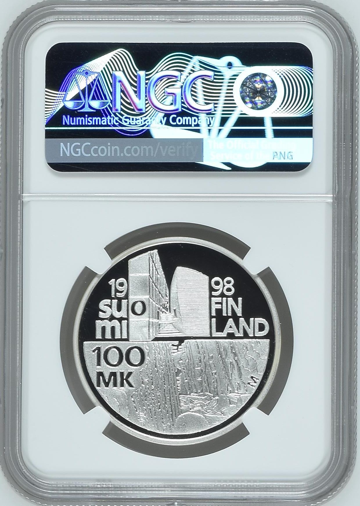 长老汇龙年精选第三场 1998 MG 芬兰建筑师阿尔瓦·阿尔托 100马克精制银币，NGC PF70UC ，三枚并列冠军之一，发行量4000枚