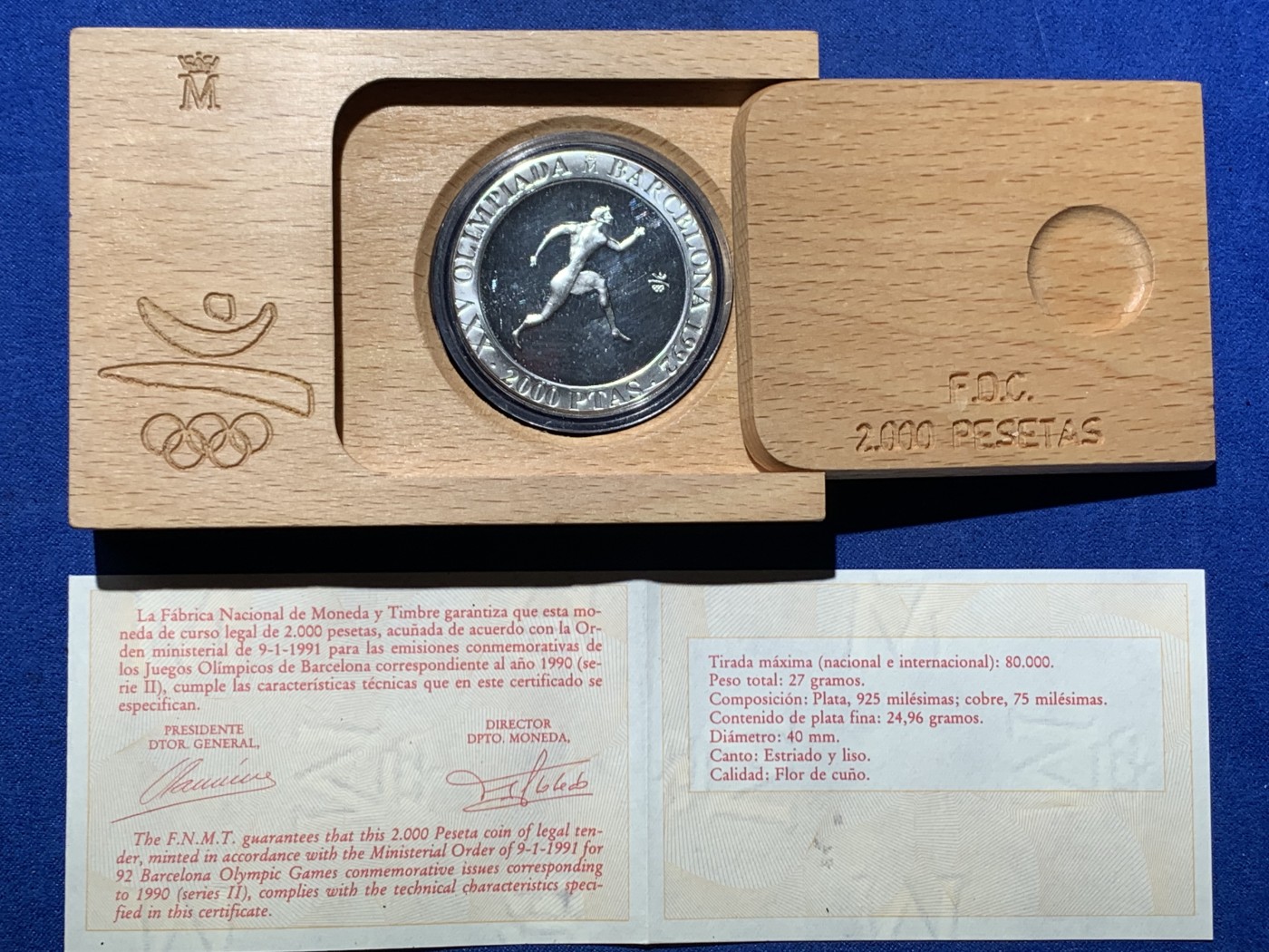 《竞宝斋》第247场-周日，周一 ，周二3场连拍 (全场包邮) 西班牙 1990 奥运纪念 跑男 2000比塞塔银币 27克 925银