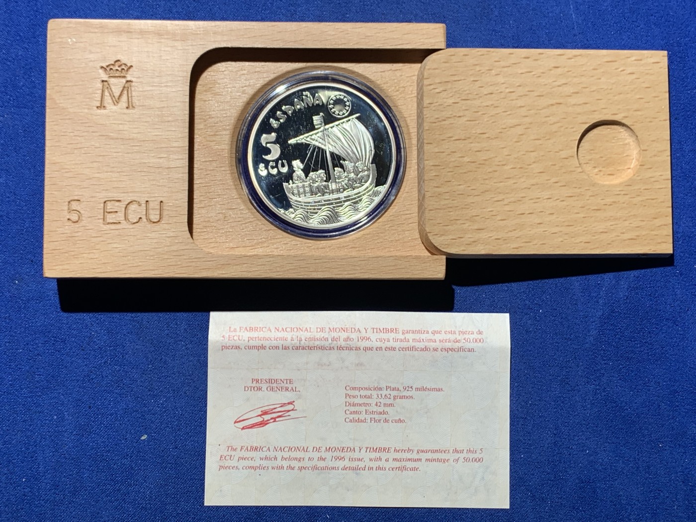 《竞宝斋》第247场-周日，周一 ，周二3场连拍 (全场包邮) 西班牙1996年 航船 5ECU大银币 33.6克 925银 原盒证书