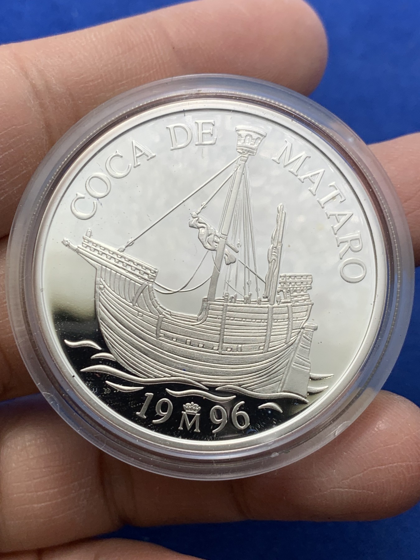 《竞宝斋》第247场-周日，周一 ，周二3场连拍 (全场包邮) 西班牙1996年 航船 5ECU大银币 33.6克 925银 原盒证书