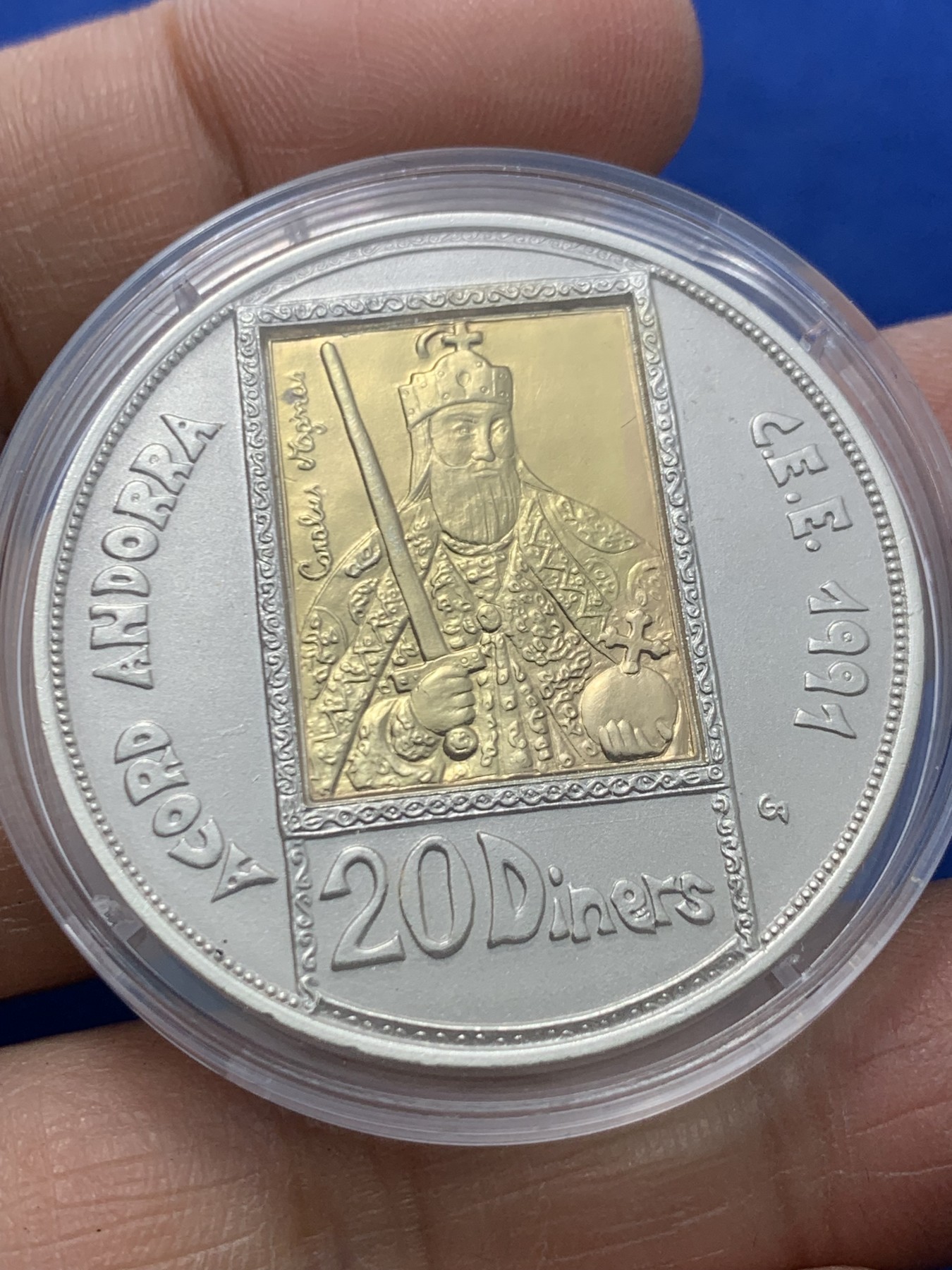 《竞宝斋》第247场-周日，周一 ，周二3场连拍 (全场包邮) 安道尔 1991年 胡安.马丁大公 20第纳尔大银币 含金1.6克917金，25克925银