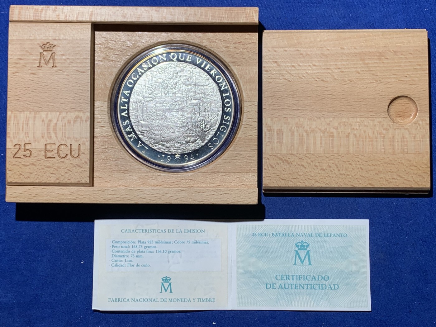 《竞宝斋》第247场-周日，周一 ，周二3场连拍 (全场包邮) 西班牙1994年25ECU精制大银币 原盒证书 少见 168.75克 925银 比5盎司还大