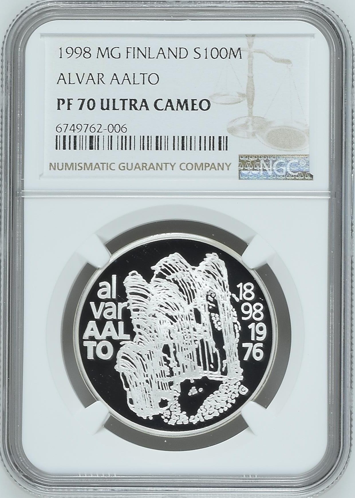 长老汇龙年精选第三场 1998 MG 芬兰建筑师阿尔瓦·阿尔托 100马克精制银币，NGC PF70UC ，三枚并列冠军之一，发行量4000枚