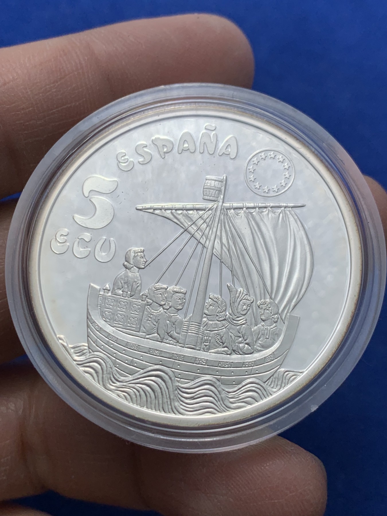 《竞宝斋》第247场-周日，周一 ，周二3场连拍 (全场包邮) 西班牙1996年 航船 5ECU大银币 33.6克 925银 原盒证书