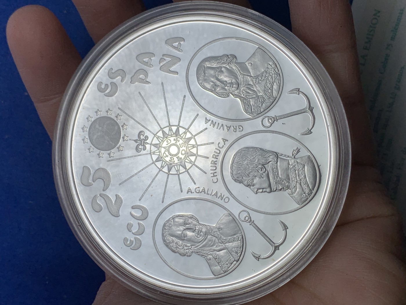 《竞宝斋》第247场-周日，周一 ，周二3场连拍 (全场包邮) 西班牙1995年特立尼达战舰25ECU银币 168.75克，925银，原木盒