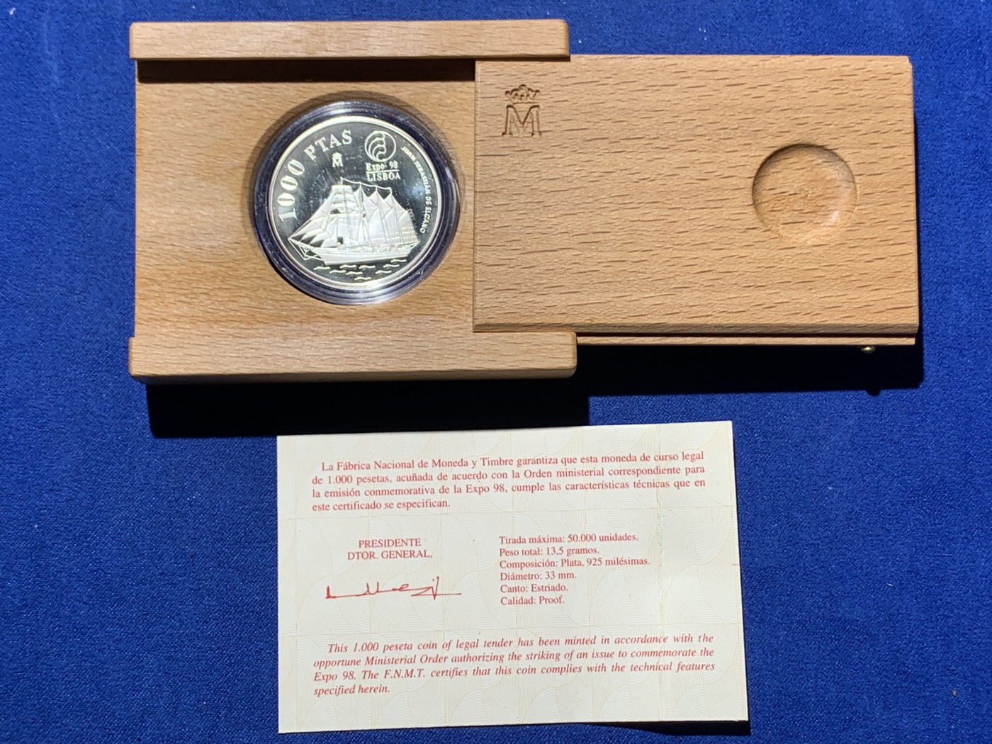 《竞宝斋》第247场-周日，周一 ，周二3场连拍 (全场包邮) 原盒证书 西班牙1998年 大帆船 1000比塞塔精制银币 稀少