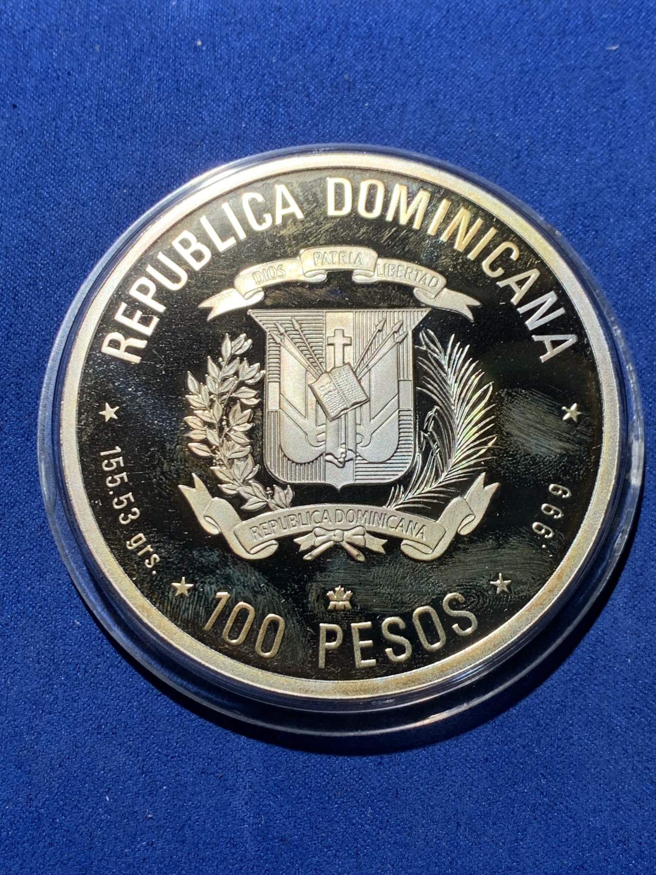 《竞宝斋》第247场-周日，周一 ，周二3场连拍 (全场包邮) 多米尼加 1989 哥伦布登陆美洲500周年纪念 100比索 5盎司大银币  155.53克 999银 发行量1500枚