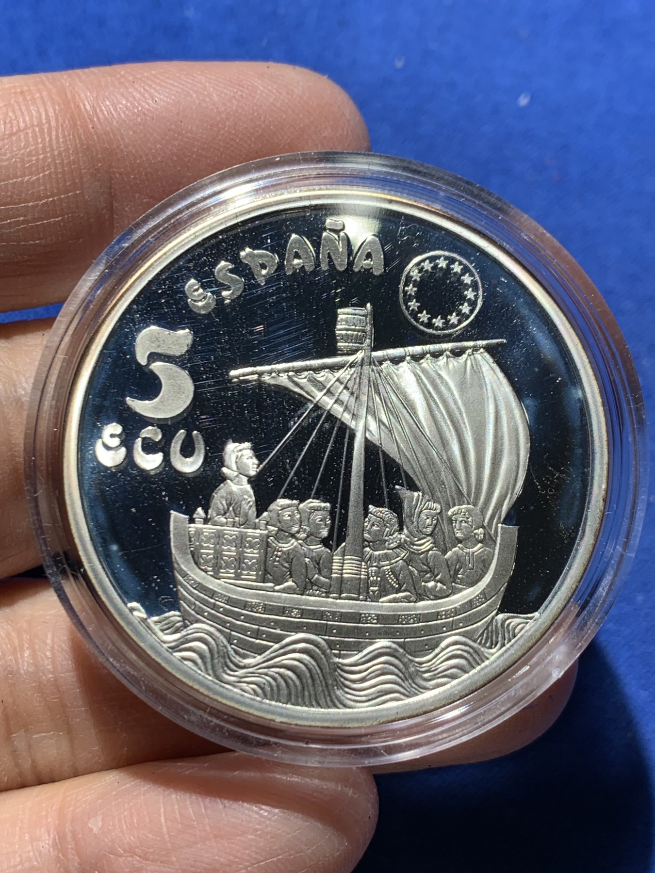 《竞宝斋》第247场-周日，周一 ，周二3场连拍 (全场包邮) 西班牙1996年 航船 5ECU大银币 33.6克 925银 原盒证书