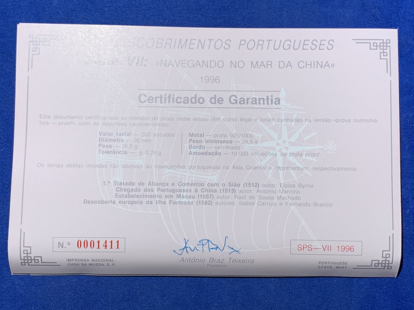 《竞宝斋》第247场-周日，周一 ，周二3场连拍 (全场包邮) 原盒证书 葡萄牙1996年 中国近海系列 200埃斯库多 四枚套 精制大银币 单枚26.5克 总重106克 925银 非常漂亮 该系列中少见品种