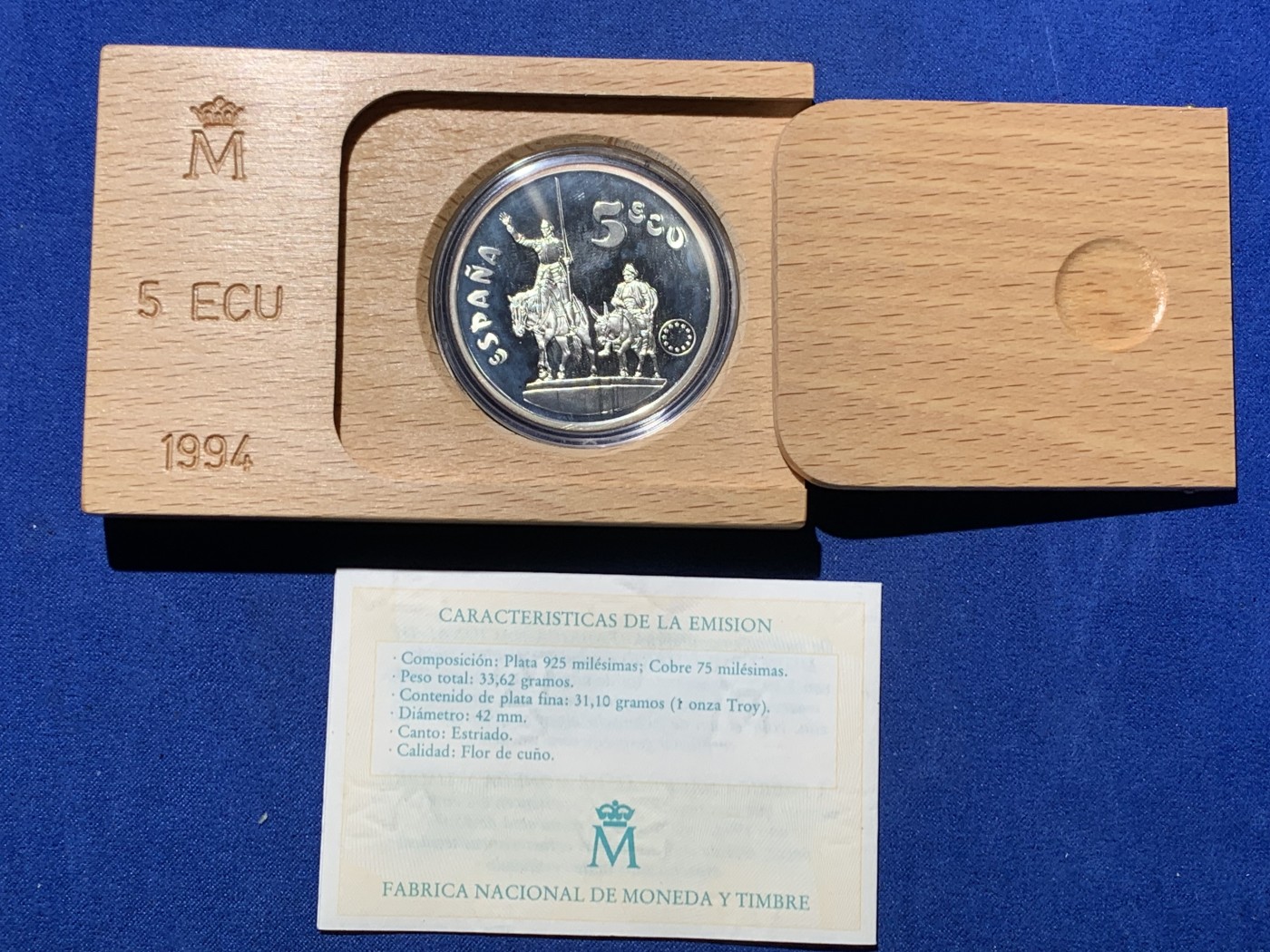 《竞宝斋》第247场-周日，周一 ，周二3场连拍 (全场包邮) 西班牙1994年唐吉坷德5ECU精制大银币 原盒 33.5克 925银 少见