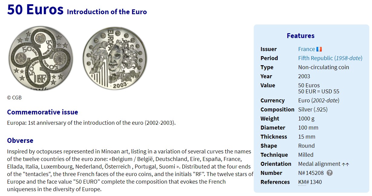 《竞宝斋》第247场-周日，周一 ，周二3场连拍 (全场包邮) 法国 2003 欧元推出一周年 纪念 50欧元 银币 1公斤重 925银 罕见 厚度赶上我的小指宽度了