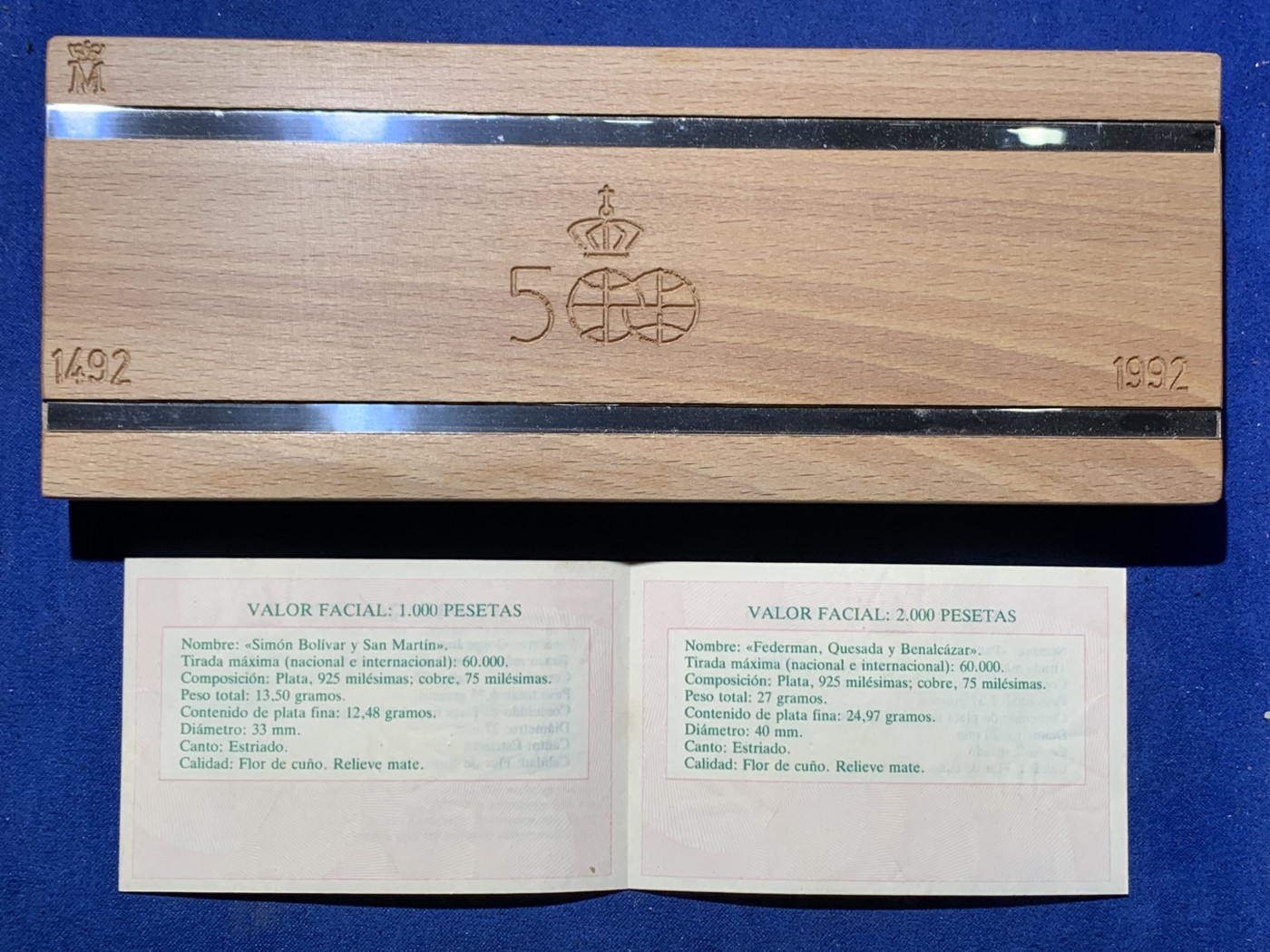 《竞宝斋》第247场-周日，周一 ，周二3场连拍 (全场包邮) 原木盒 西班牙 1991年 五百周年纪念 五枚套 精制银币 非常漂亮 925银 币重49.3克