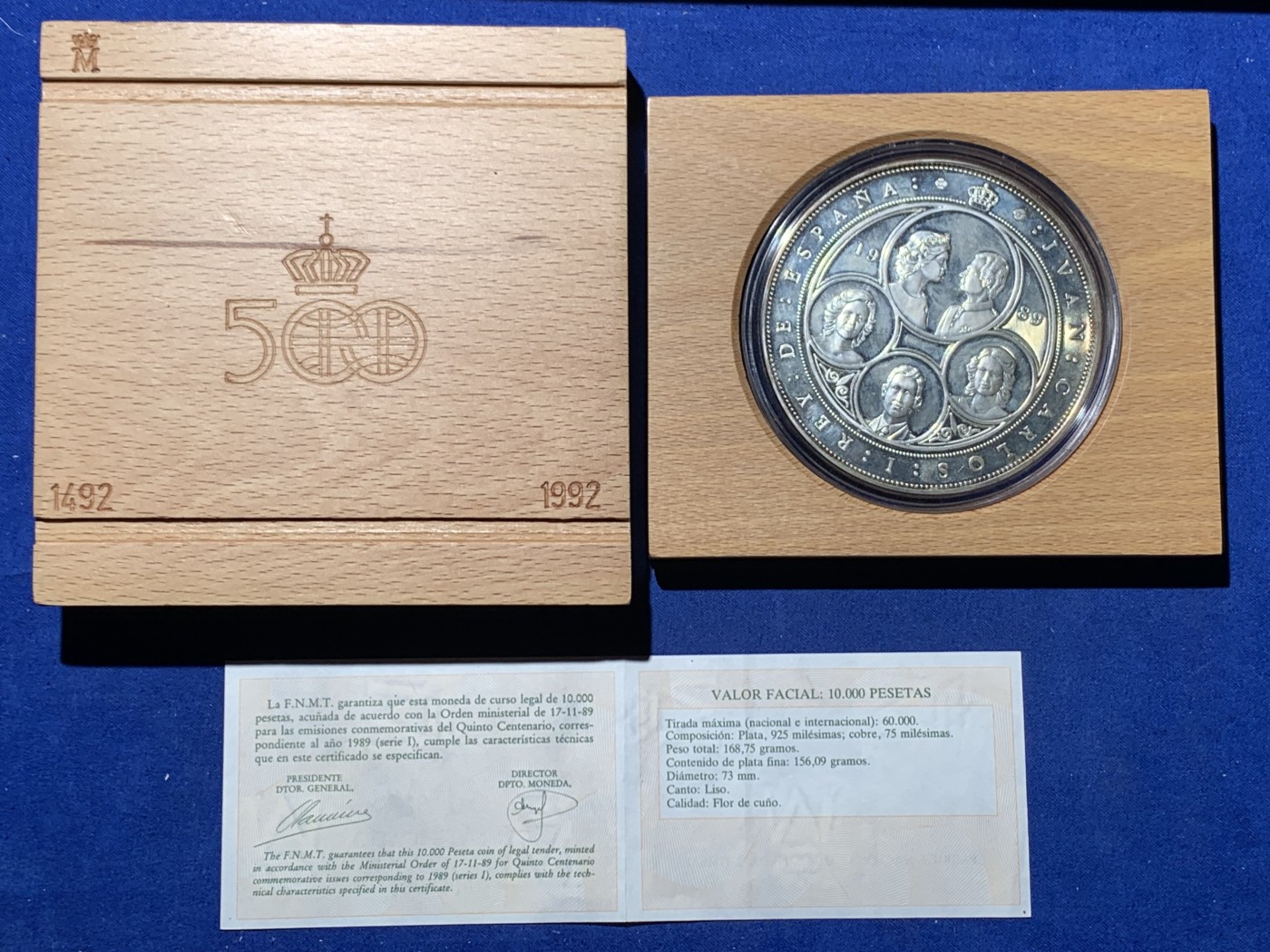 《竞宝斋》第247场-周日，周一 ，周二3场连拍 (全场包邮) 木盒证书 西班牙1989年 波旁皇室全家福 10000比塞塔 168.75克 925银 大银币