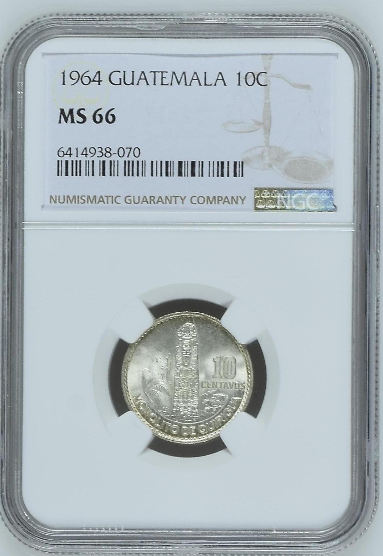 长老汇龙年精选第三场 1964 危地马拉10分银币，NGC MS66分，超高分，特年