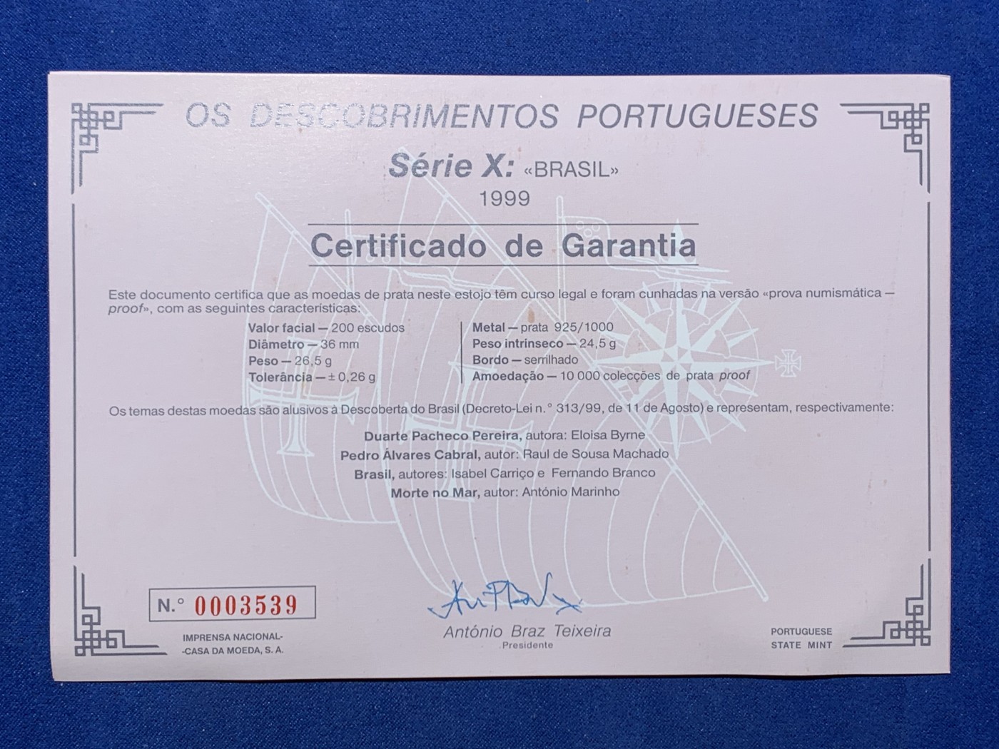 《竞宝斋》第247场-周日，周一 ，周二3场连拍 (全场包邮) 葡萄牙1999年 大航海 200埃斯库多 四枚套精制币 单枚24.5克 925银 原盒证书非常漂亮