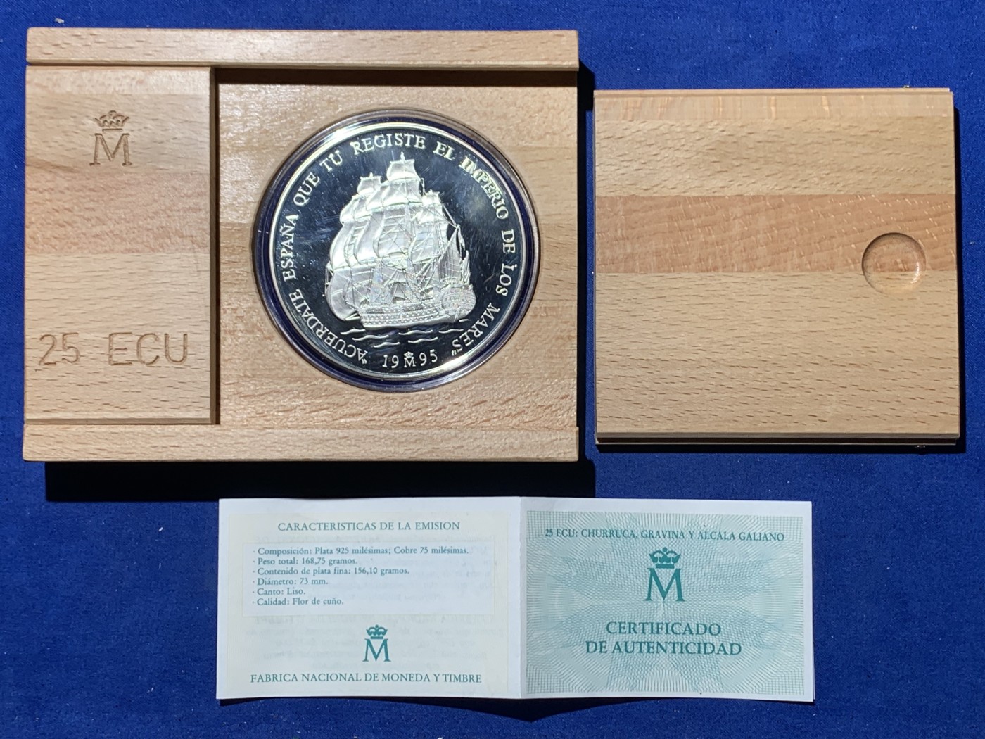 《竞宝斋》第247场-周日，周一 ，周二3场连拍 (全场包邮) 西班牙1995年特立尼达战舰25ECU银币 168.75克，925银，原木盒