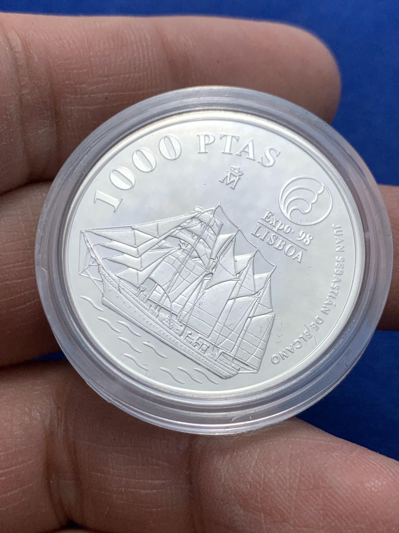 《竞宝斋》第247场-周日，周一 ，周二3场连拍 (全场包邮) 原盒证书 西班牙1998年 大帆船 1000比塞塔精制银币 稀少