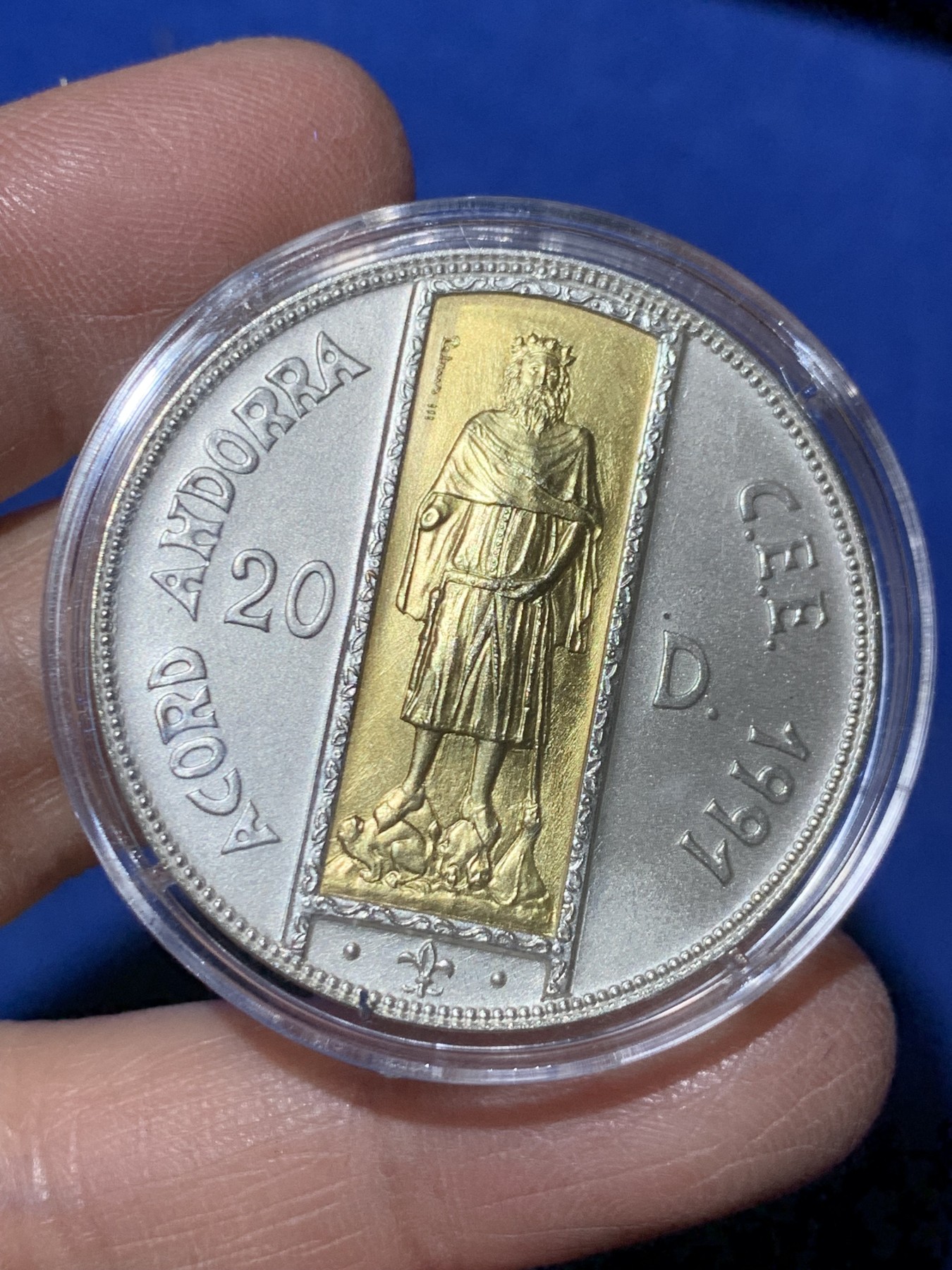 《竞宝斋》第247场-周日，周一 ，周二3场连拍 (全场包邮) 安道尔1994年 巴塞罗那伯爵彼得三世 20第纳尔大银币 含金1.6克917金，25克925银