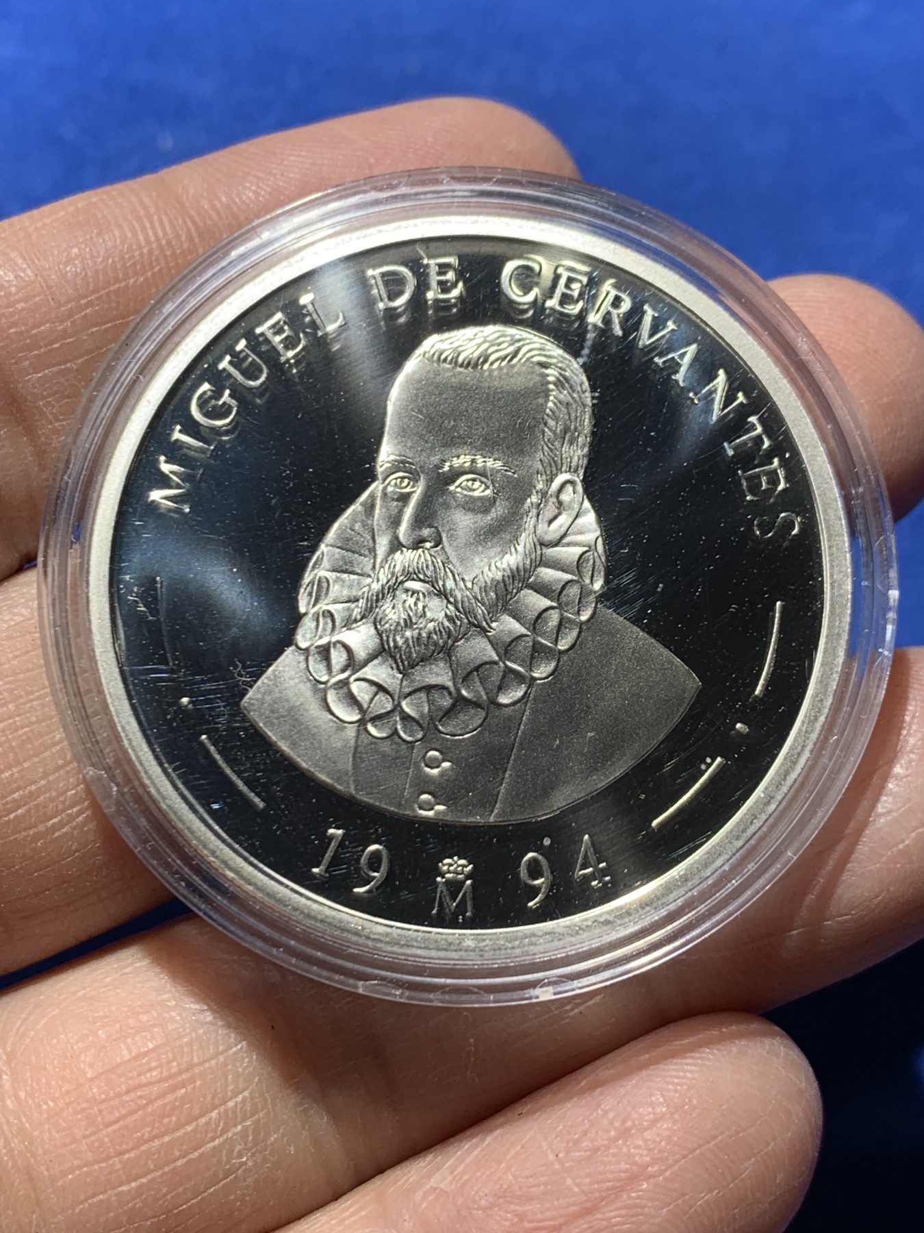 《竞宝斋》第247场-周日，周一 ，周二3场连拍 (全场包邮) 西班牙1994年唐吉坷德5ECU精制大银币 原盒 33.5克 925银 少见