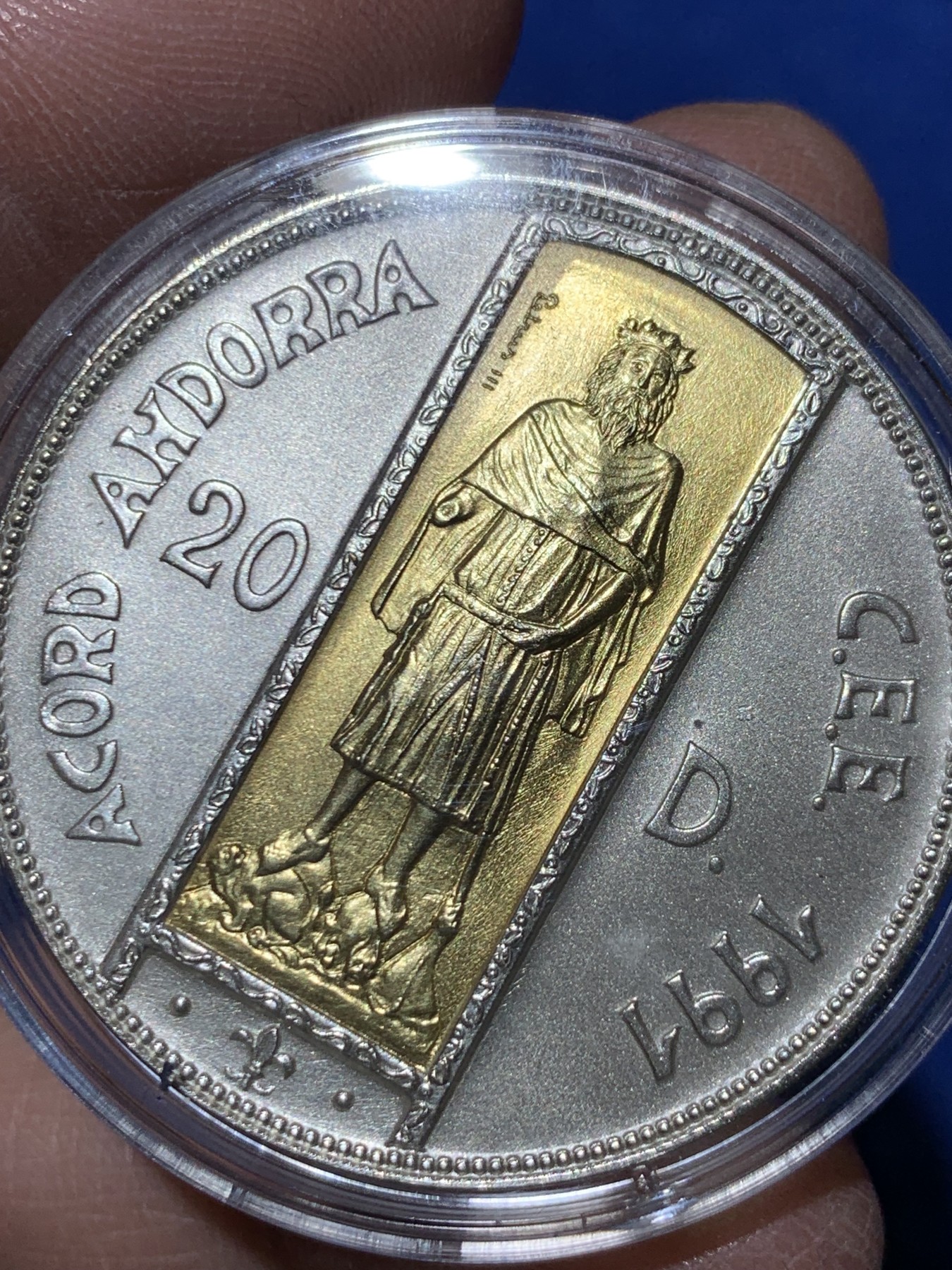 《竞宝斋》第247场-周日，周一 ，周二3场连拍 (全场包邮) 安道尔1994年 巴塞罗那伯爵彼得三世 20第纳尔大银币 含金1.6克917金，25克925银