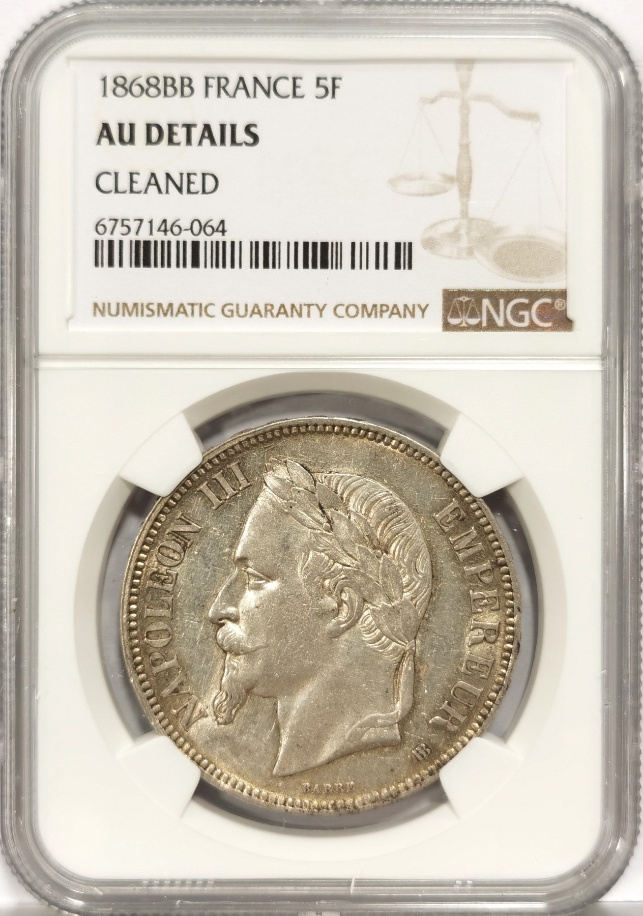 博洋堂世界钱币拍卖第068期（全场包邮） NGC AUD 法国1866 BB厂拿三5法郎银币 底板干净 银光满溢