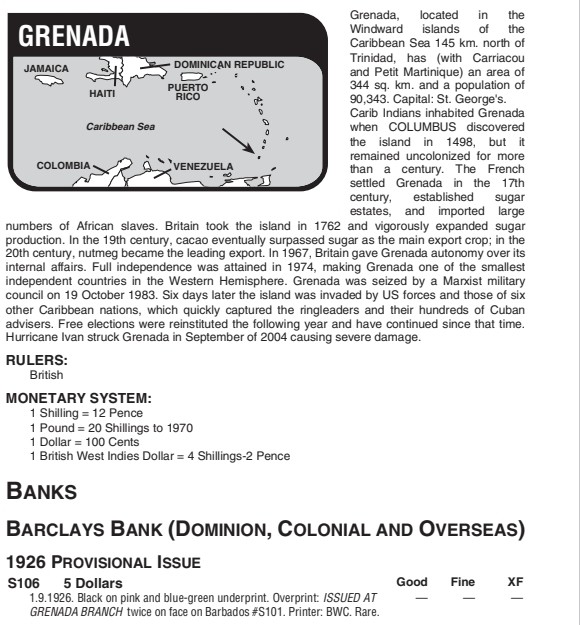 【Blue Auction】✨世界纸币精拍第445期【精】 【珍品 克劳斯无定价 标了Rare】英属 格林纳达 1926年5元  BWC出品 巴克莱银行(BarclaysBank) 发行 带签名和无47号码样钞 存世量非常少 PCGS55EPQ 绿标 原票 值得收藏 （注：巴克莱银行是位于汇丰银行和苏格兰皇家银行之后的英国第三大银行，历史可追溯到1690年，1926年发行该纸币流通于英属东加勒比地区，正面右上角加盖不同字母代表不同国家）