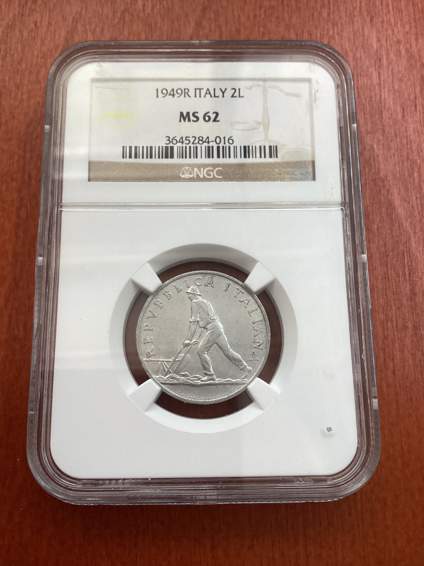 长老汇龙年精选第三场 1949R 意大利2里拉，NGC MS62分，三枚季军分之一，更高分仅有两枚