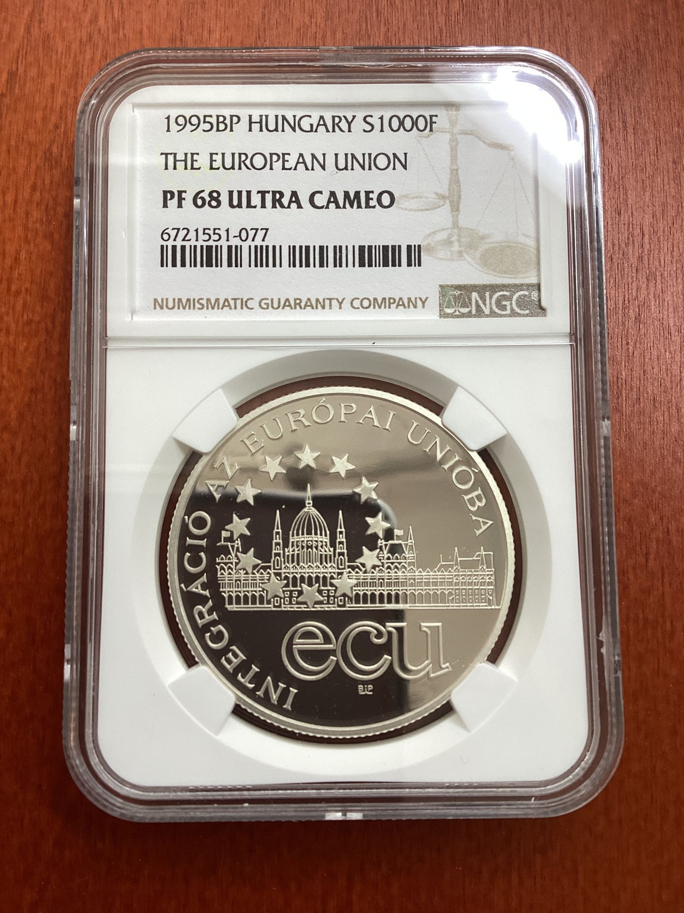 长老汇龙年精选第三场 1995BP  匈牙利欧盟1000弗林特精制银币，NGC PF68UC，唯一冠军分