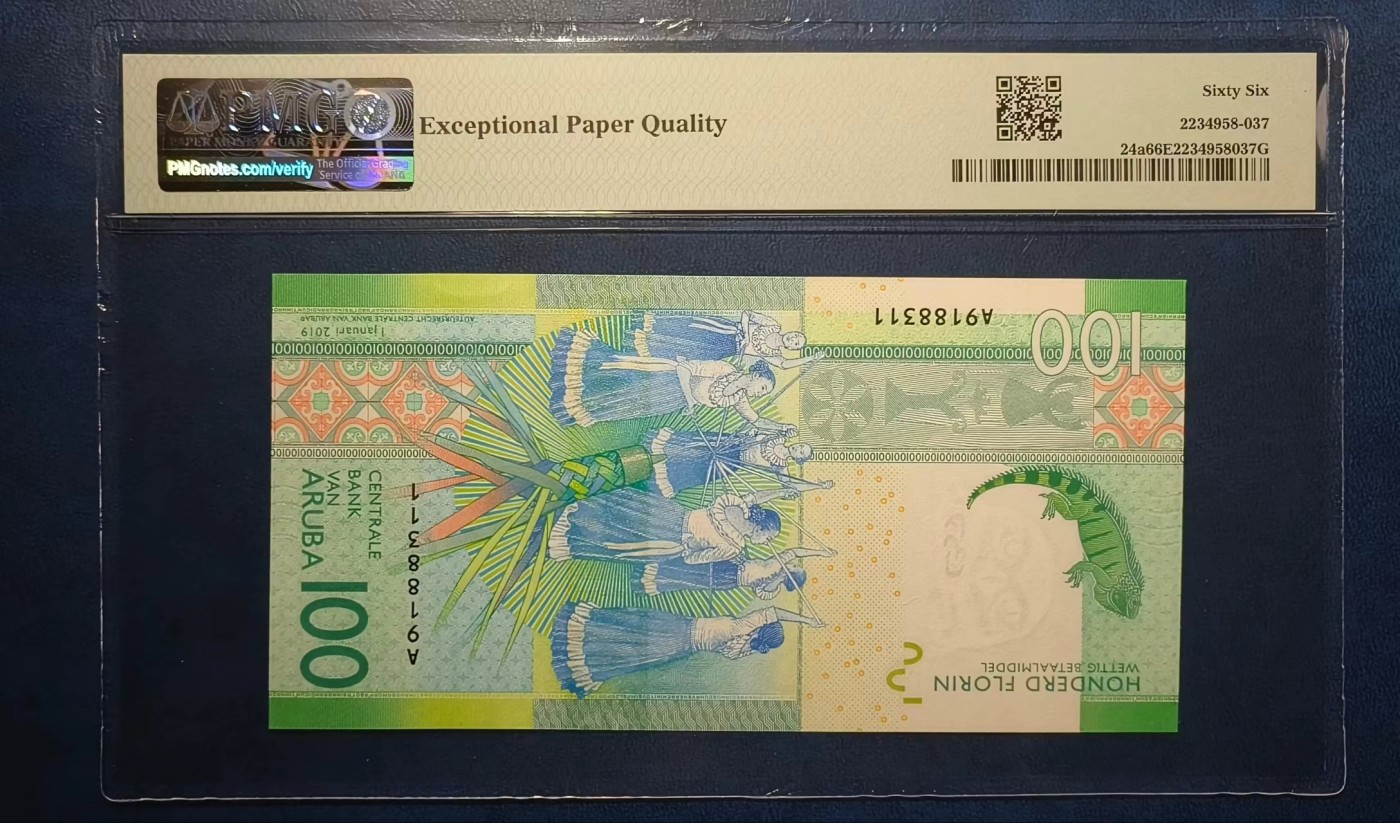【Blue Auction】✨世界纸币精拍第445期【精】  【无47 获奖钞】阿鲁巴 2019年100弗罗林 PMG66EPQ 大蜥蜴 