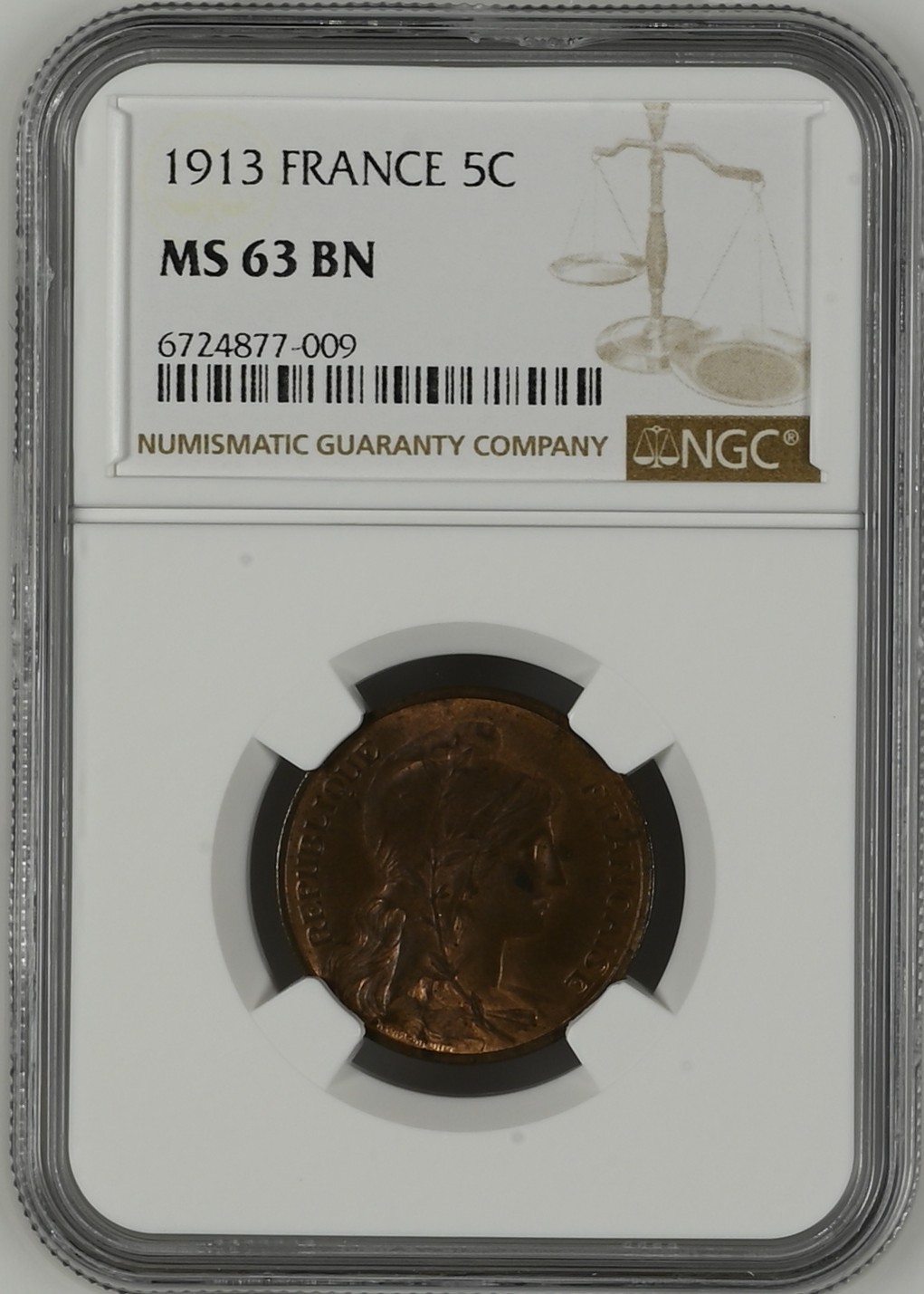 长老汇龙年精选第三场 1913 法国自由女神5分铜币，NGC MS63BN，唯一亚军分，更高分仅有一枚