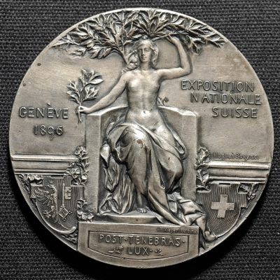 【德藏】世界币章拍卖第73期(全场顺丰包邮) - 1896年 瑞士日内瓦国家博览会纪念镀银大铜章 直径约：62mm，重约：97.3g