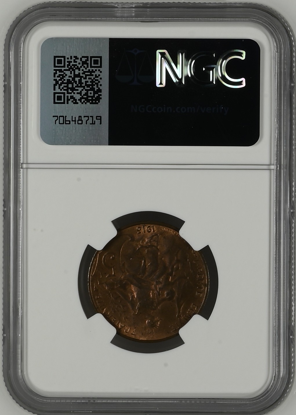 长老汇龙年精选第三场 1913 法国自由女神5分铜币，NGC MS63BN，唯一亚军分，更高分仅有一枚