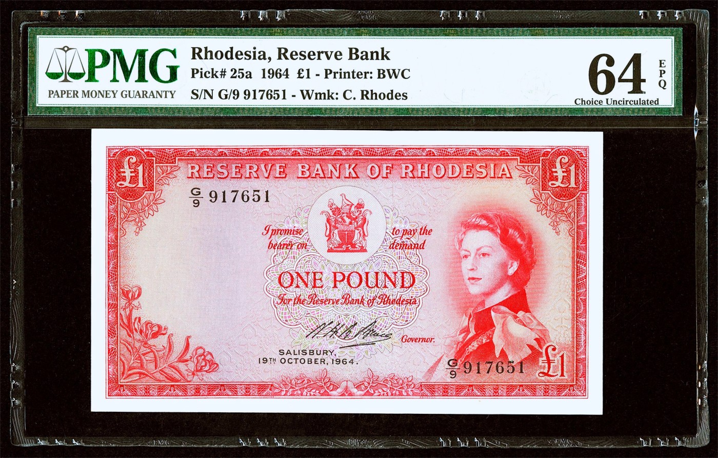 【Blue Auction】✨世界纸币精拍第445期【精】 【热门升值品种 凑套常缺此张】罗德西亚 1964年1镑 BWC出品 戎装女王 非洲最大瀑布——维多利亚瀑布 PMG64EPQ  精美 老壳子 