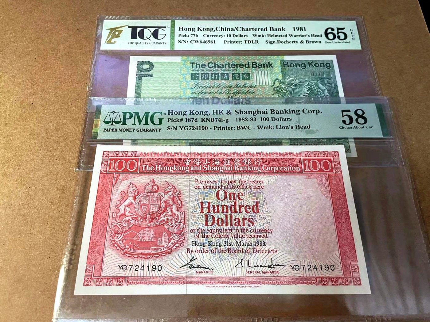 【Blue Auction】✨世界纸币精拍第445期【精】 【一组2张】香港 渣打/汇丰 1981-83年10-100元 PMG58&TQG65EPQ 