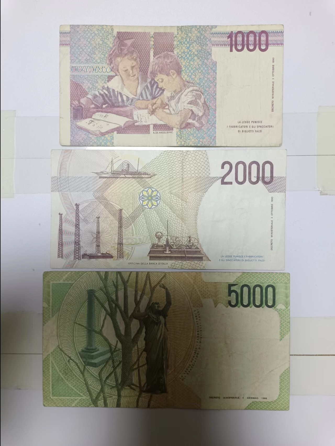 【20240317】非全新纸币第122场 意大利3张纸币小全套，有裂缝和字迹