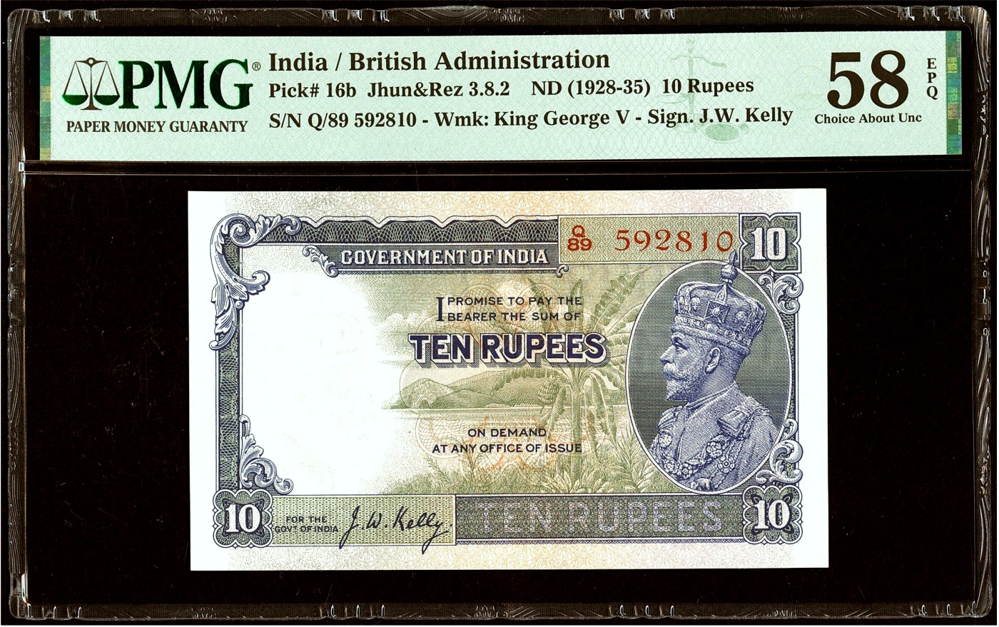 【Blue Auction】✨世界纸币精拍第445期【精】 【无47原票】英属印度 早期 1928-35年10卢比 英王乔五 正面棕榈树 远山和湖景 背面大象 PMG58EPQ 状态佳 少见  