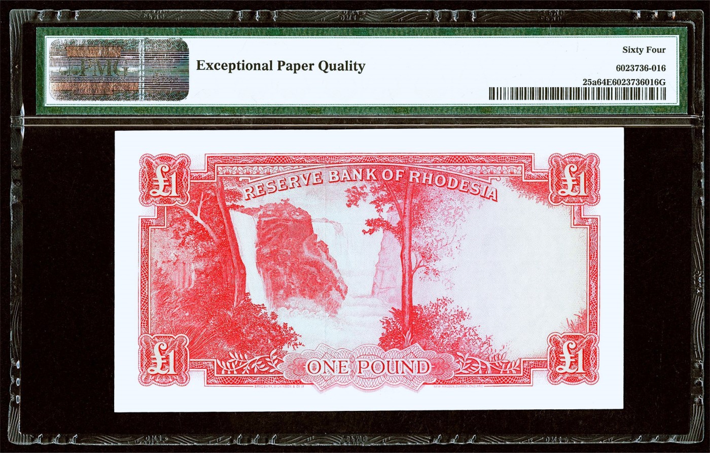 【Blue Auction】✨世界纸币精拍第445期【精】 【热门升值品种 凑套常缺此张】罗德西亚 1964年1镑 BWC出品 戎装女王 非洲最大瀑布——维多利亚瀑布 PMG64EPQ  精美 老壳子 