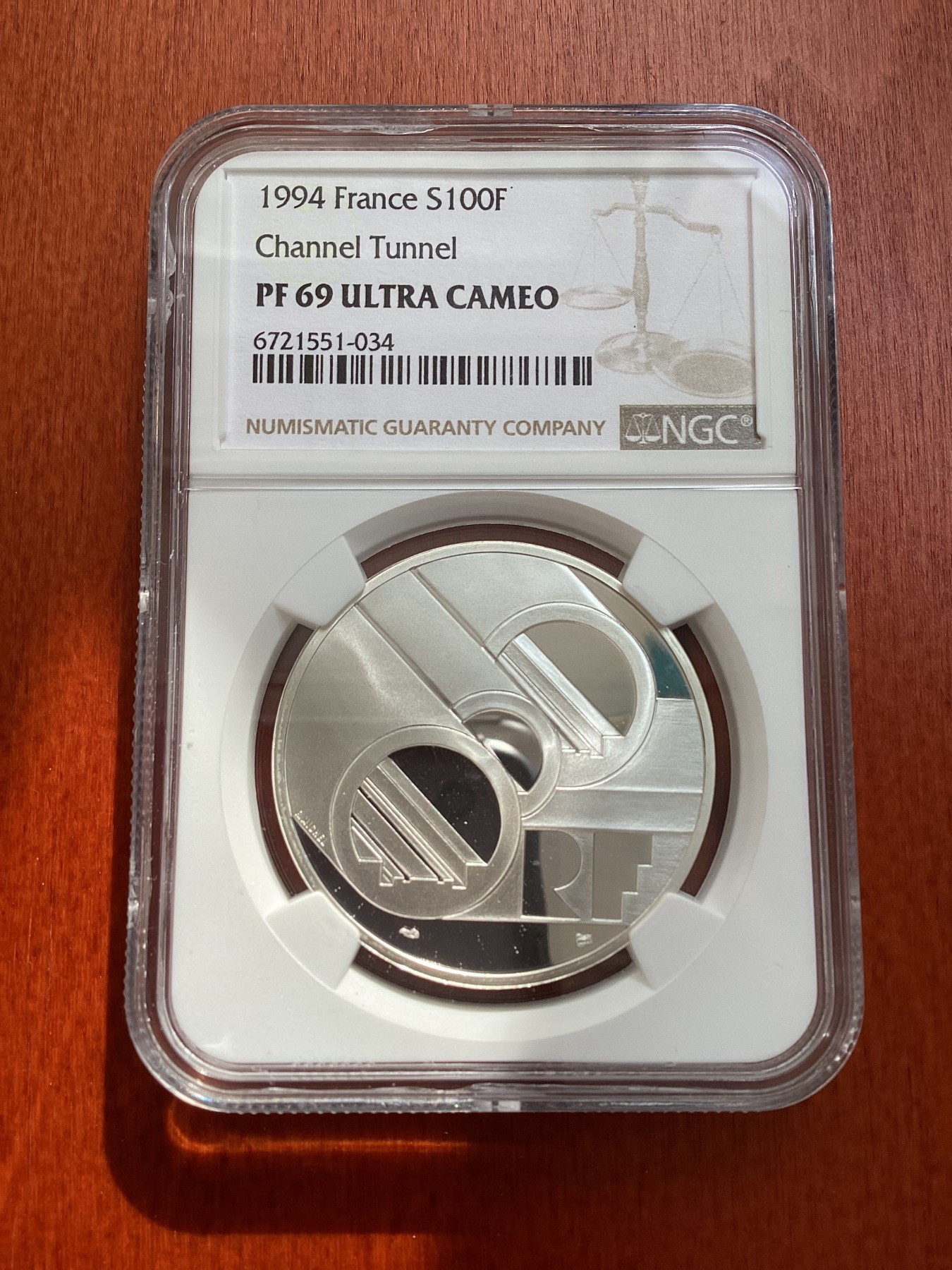 长老汇龙年精选第三场 1994 法国英法海底隧道100法郎精制银币，NGC PF69UC，唯二亚军分，更高分仅有两枚